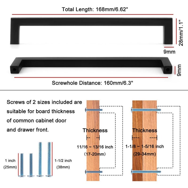 KOOFIZO Solid Square Bar Cabinet Handle - Black Furniture Pull, 6.3 Inch/160mm Screwhole Distance, 10-Pack for Kitchen Cupboard Door, Bedroom Dresser Drawer, Bathroom Wardrobe Hardware - Image 2